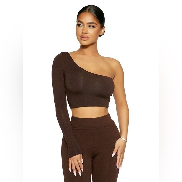 NAKED WARDROBE the nw one shoulder crop top chocolate brown. - Picture 3 of 6